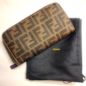 Authentic Fendi Logo Zippy Zucca Spalmati Wallet with Dustbag EUC